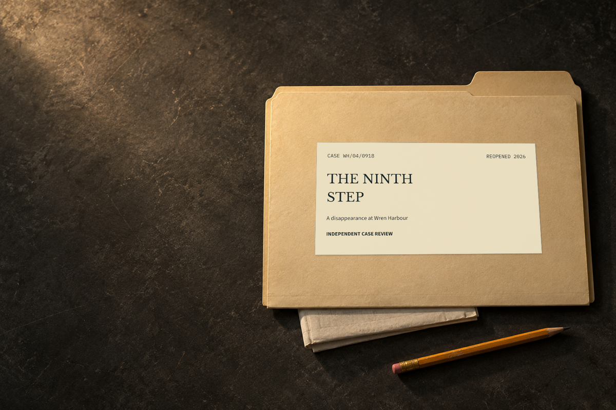 Styled manila folder with The Ninth Step label and a pencil on a dark table. The game is supplied digitally; no physical item is included.