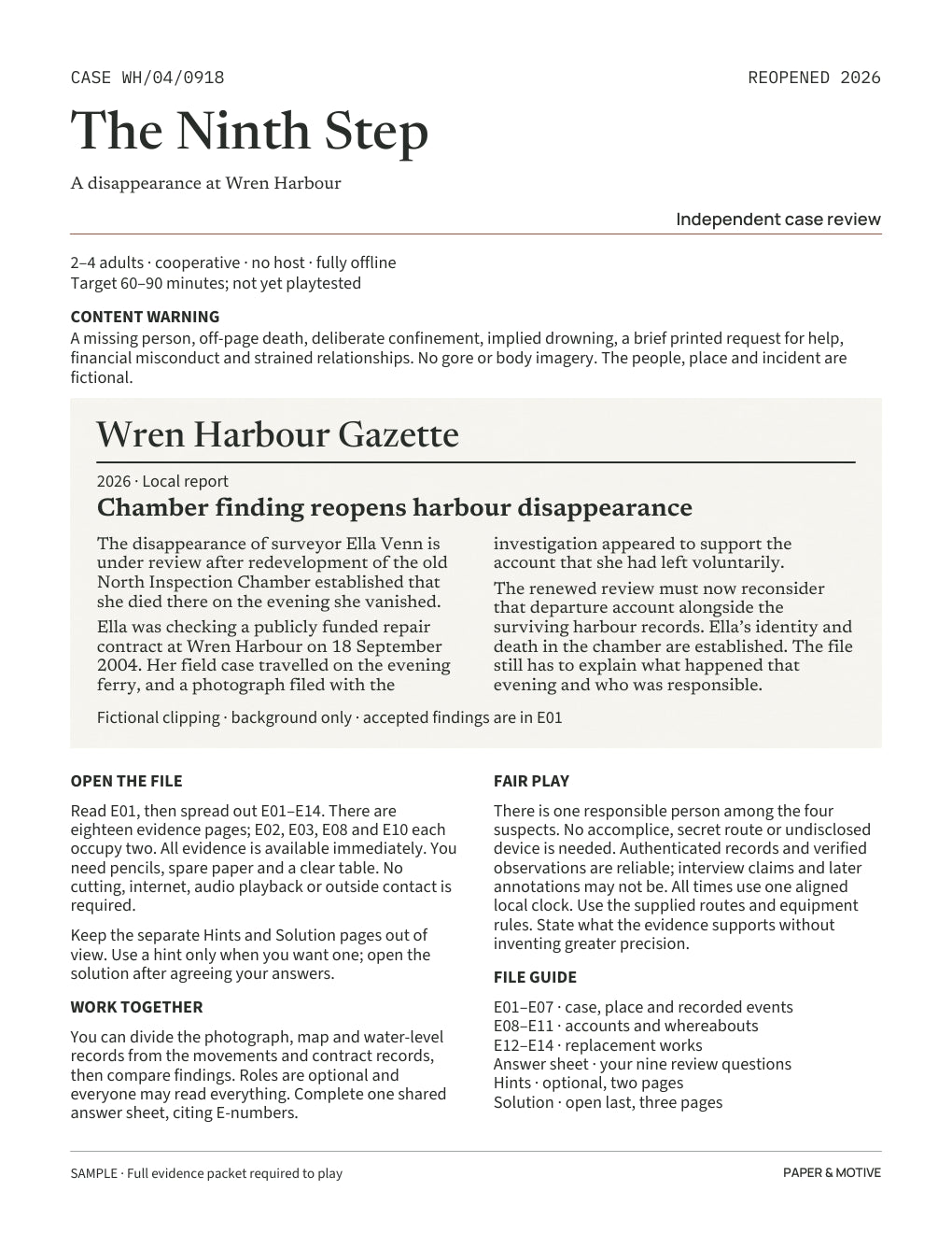 The Ninth Step opening page, including the Wren Harbour Gazette report and instructions for opening the case.