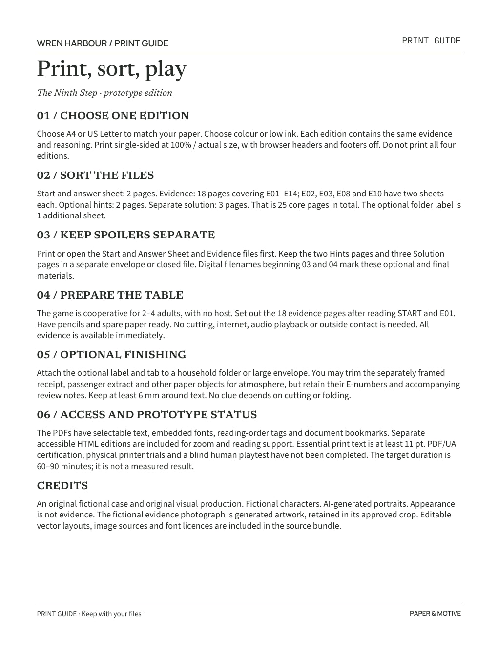 The Ninth Step print and setup guide, with six steps for choosing an edition and preparing the case files.